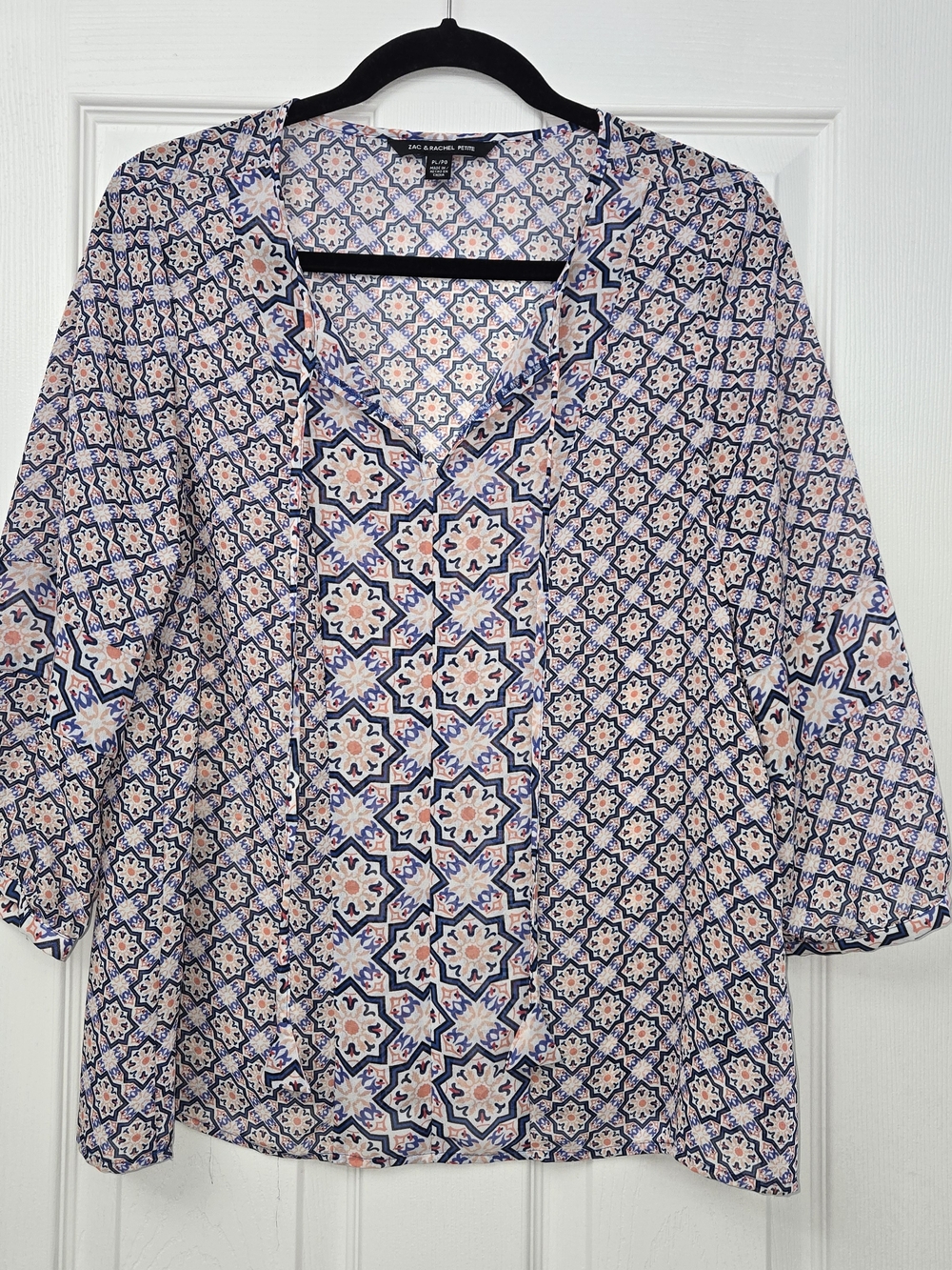 Zac & Rachel Petite Large Geometric Print Blouse 3/4 Sleeve V-Neck Tassel Top